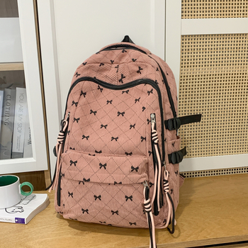 Corduroy ruksak s mašnicom, unisex, korejski stil, kapacitet 36–55 L, 13-inčni laptop