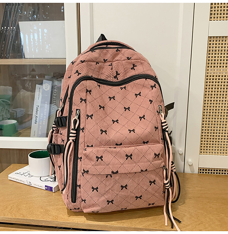 Corduroy ruksak s mašnicom, unisex, korejski stil, kapacitet 36–55 L, 13-inčni laptop