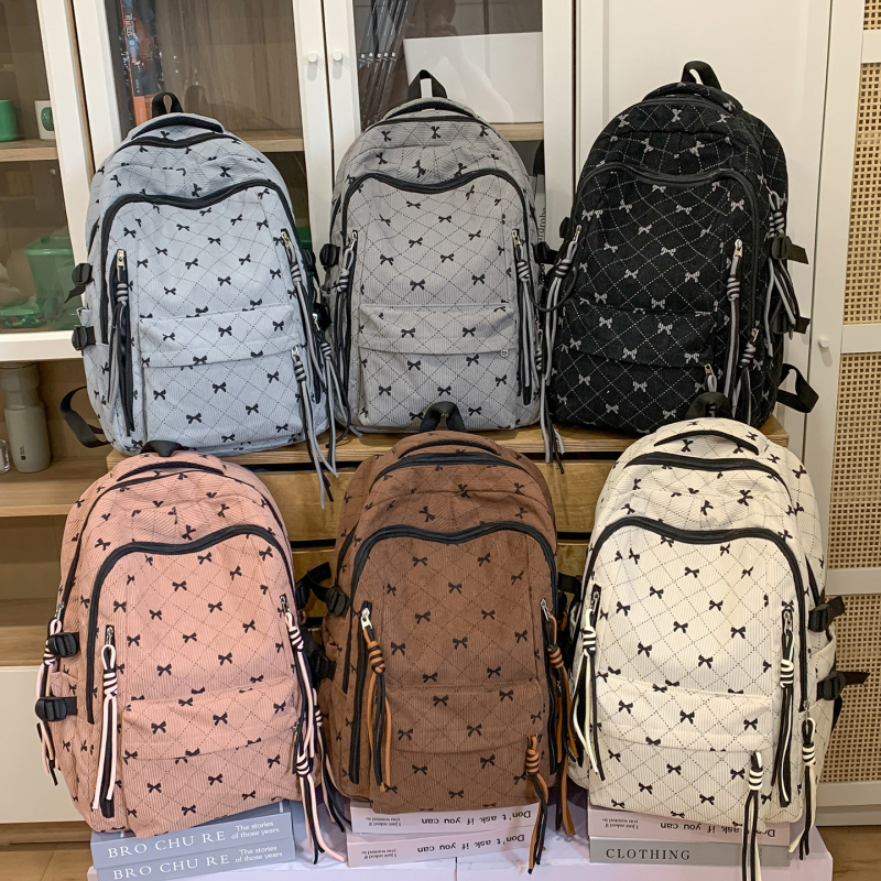 Corduroy ruksak s mašnicom, unisex, korejski stil, kapacitet 36–55 L, 13-inčni laptop