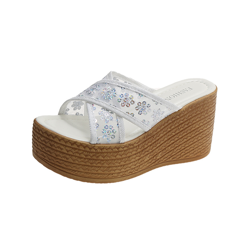 Ženske sandale s platformom i štrasom, gornji PU, podstava PU, gumena potplata, retro stil
