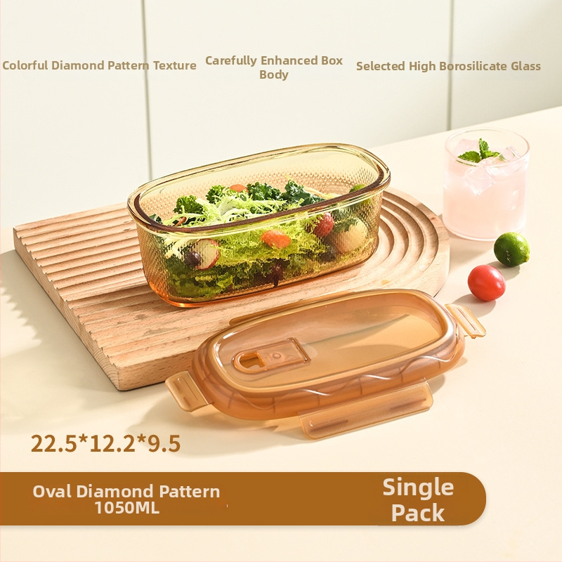 Cutie pentru prânz din sticlă borosilikat, ovală, potrivită pentru microunde, capacitate 1–2 L, etanșă pentru păstrarea prospețimii