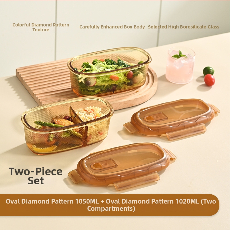 Cutie pentru prânz din sticlă borosilikat, ovală, potrivită pentru microunde, capacitate 1–2 L, etanșă pentru păstrarea prospețimii