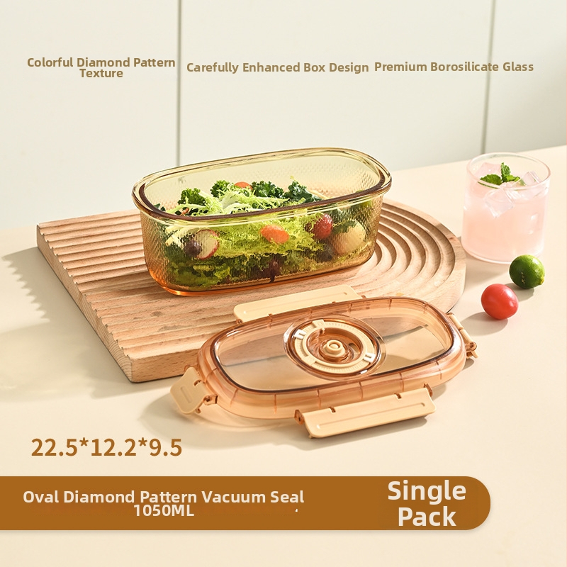 Cutie pentru prânz din sticlă borosilikat, ovală, potrivită pentru microunde, capacitate 1–2 L, etanșă pentru păstrarea prospețimii