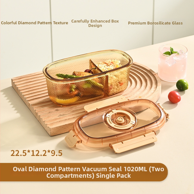 Cutie pentru prânz din sticlă borosilikat, ovală, potrivită pentru microunde, capacitate 1–2 L, etanșă pentru păstrarea prospețimii
