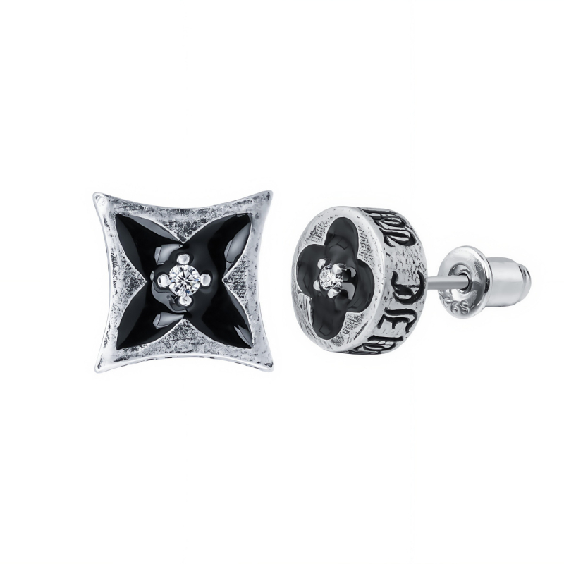 Fülbevalók S925-ös sterling ezüstből, antik zománc négylevelű virág mintával, uniszex, moissanit kövek, geometriai forma, elektroplattált felület
