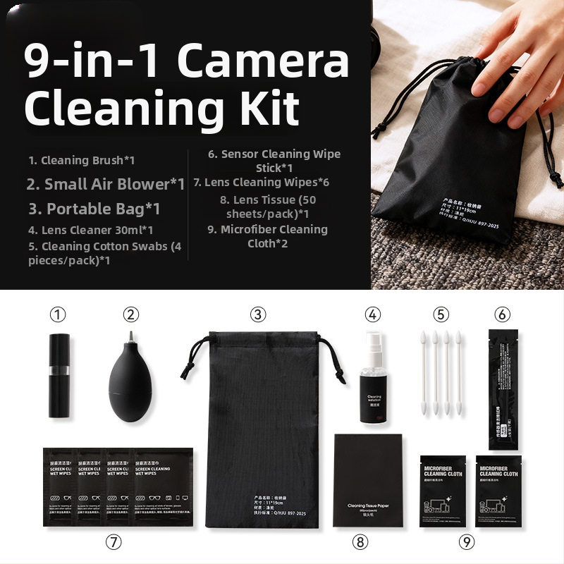Objektív tisztító toll – kilenc az egyben kameratisztító készlet; mikroszálas fej; kompatibilis kamerák, számítógépek és telefonok; OEM feldolgozás
