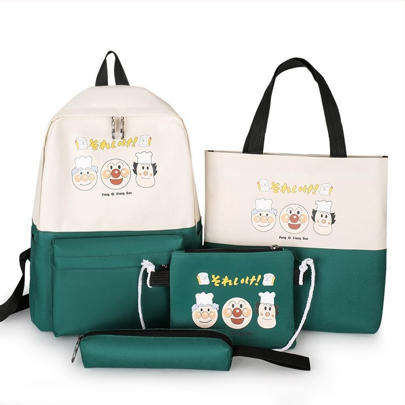 Set de patru rucsaci școlari din nylon, cu model anime, bretele cu pernă de aer, pentru elevi gimnaziu, logo personalizat