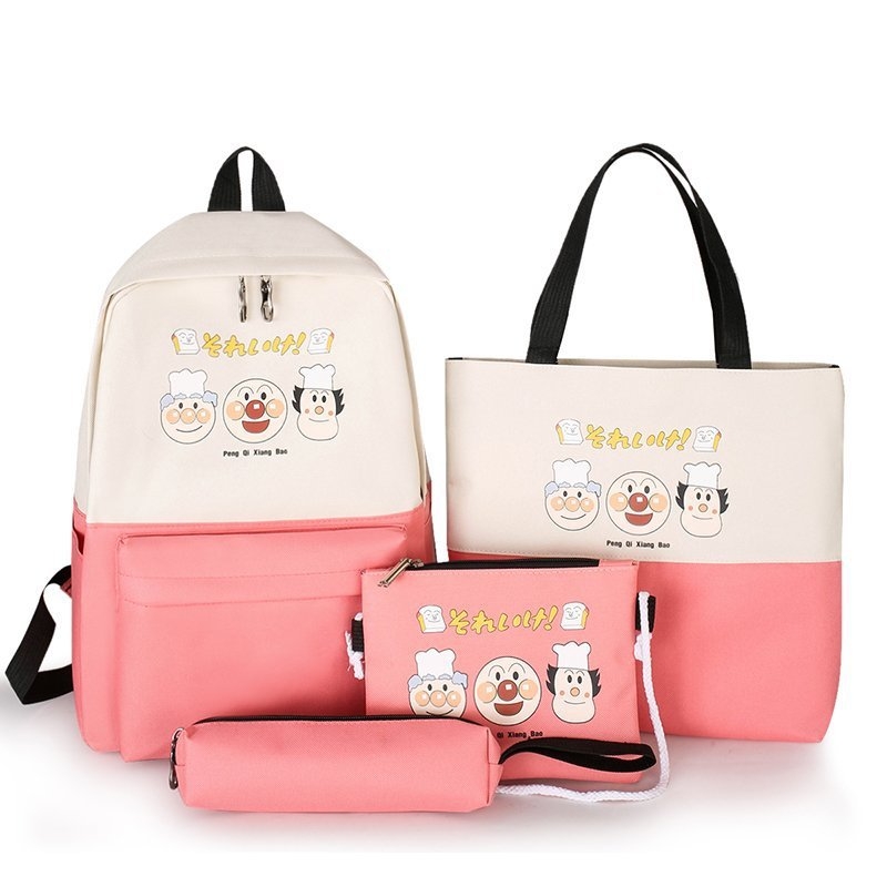 Set de patru rucsaci școlari din nylon, cu model anime, bretele cu pernă de aer, pentru elevi gimnaziu, logo personalizat