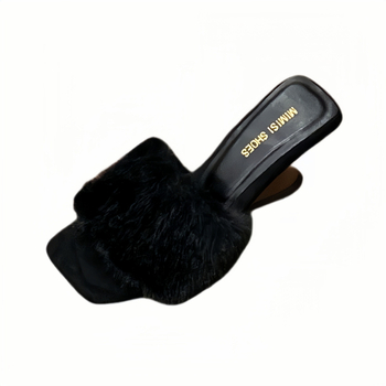 Női nyitott orrú bundás papucs velúr felsőrésszel, négyszögletes orr, PU bélés, gumírozott talp, 2025 ősz