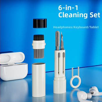 SYT-05 Έξι-σε-Ένα Καθαριστικό Στυλό για Ακουστικά — Καθολικό καθαριστικό εργαλείο για AirPods, κινητά τηλέφωνα και πληκτρολόγια; Πλαστικό σώμα; Βάρος 42 g; Λογότυπο με λέιζερ