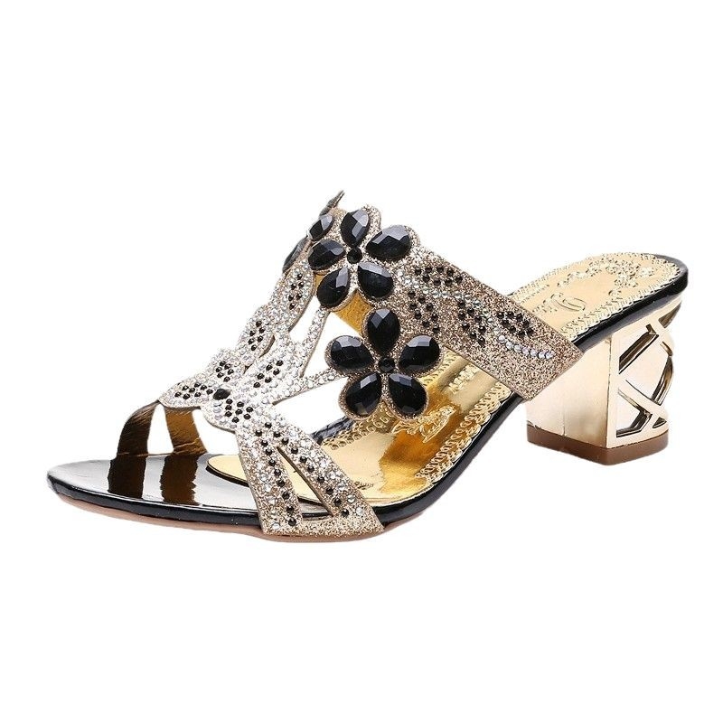 Ženske sandale s Rhinestones, korejski stil, PU gornji dio, gumena potplata, srednje visok potpet