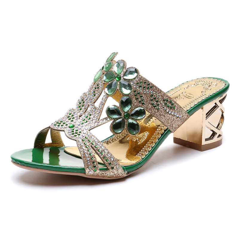 Ženske sandale s Rhinestones, korejski stil, PU gornji dio, gumena potplata, srednje visok potpet