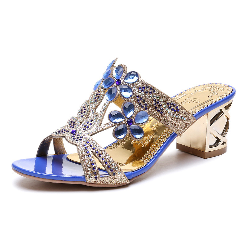 Ženske sandale s Rhinestones, korejski stil, PU gornji dio, gumena potplata, srednje visok potpet