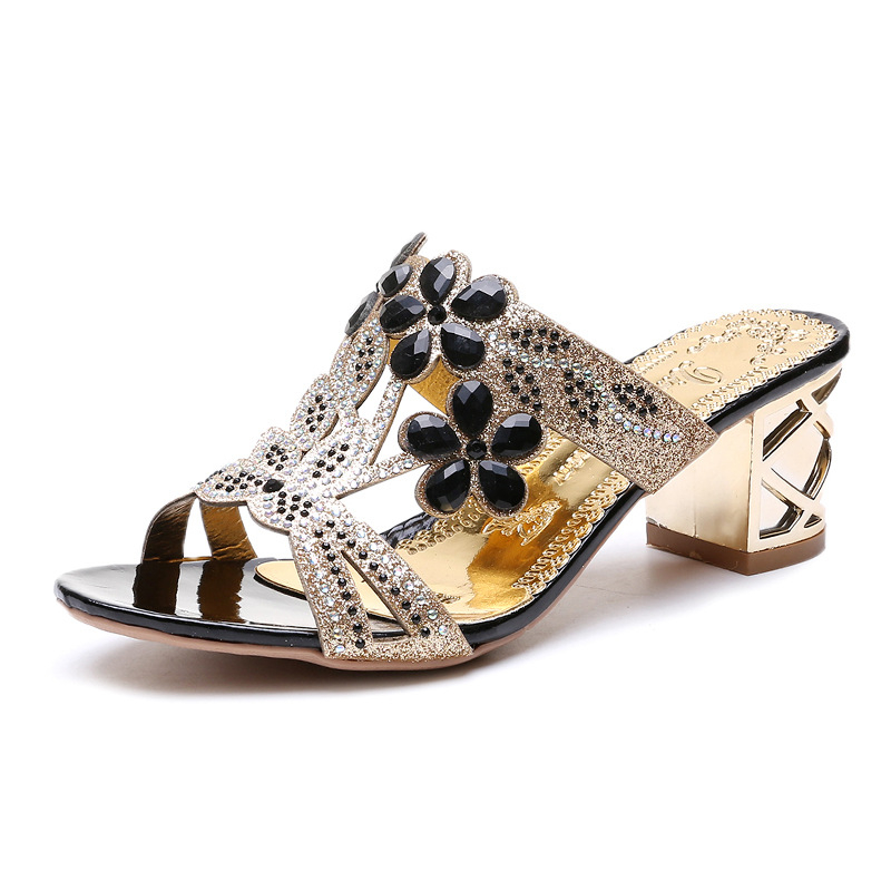 Ženske sandale s Rhinestones, korejski stil, PU gornji dio, gumena potplata, srednje visok potpet