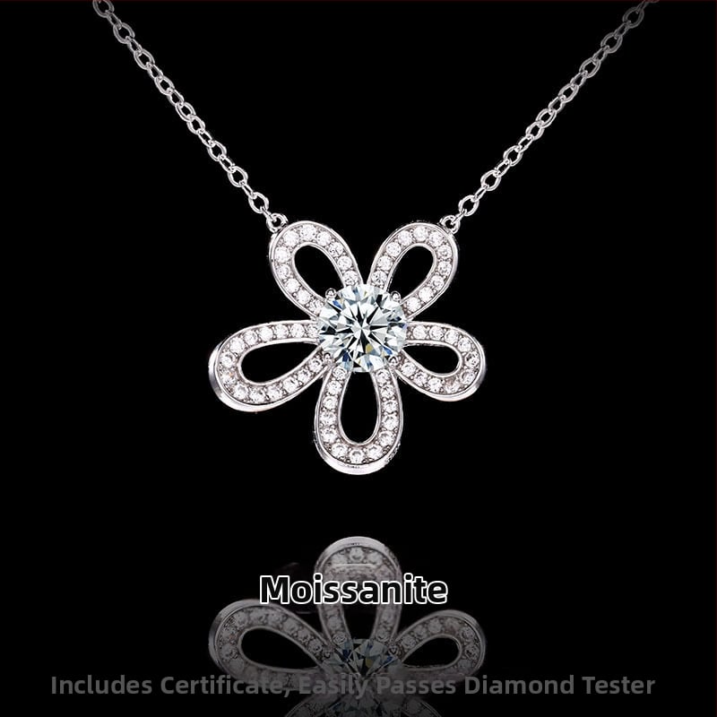 Огърлица от 925 сребро с Moissanite — кух медальон със слънчоглед и камелия, многослоен синджир, дължина 41–50 см, лек луксозен стил