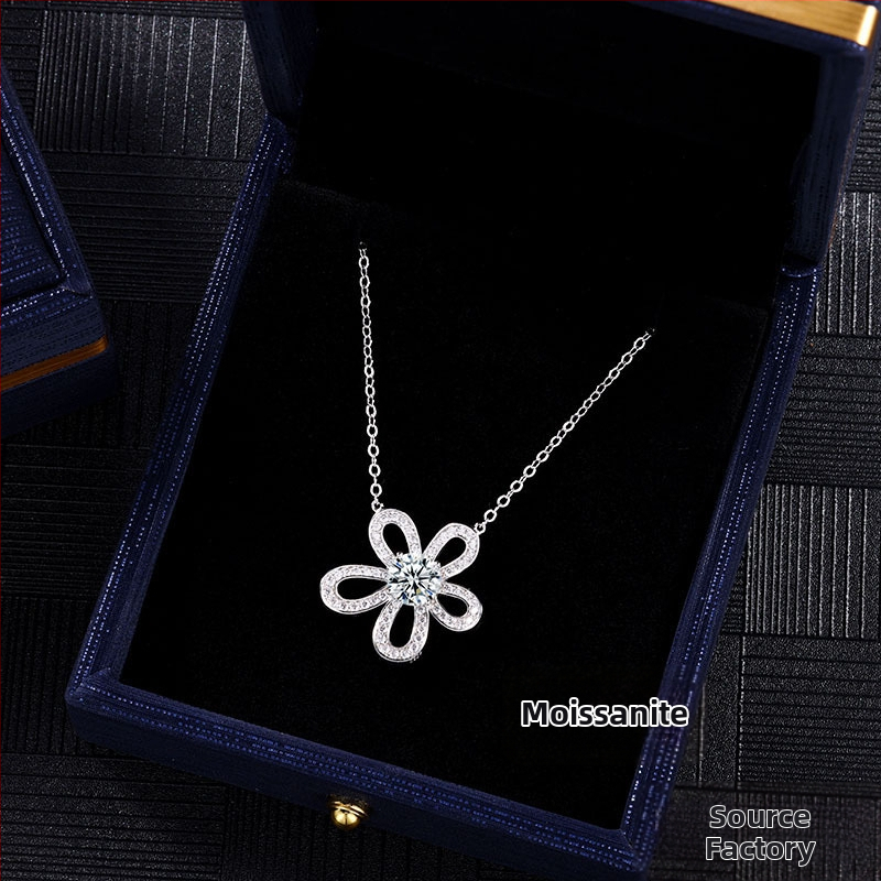 Огърлица от 925 сребро с Moissanite — кух медальон със слънчоглед и камелия, многослоен синджир, дължина 41–50 см, лек луксозен стил