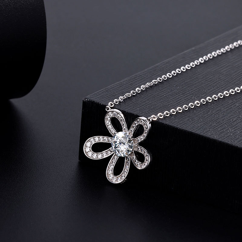 Огърлица от 925 сребро с Moissanite — кух медальон със слънчоглед и камелия, многослоен синджир, дължина 41–50 см, лек луксозен стил