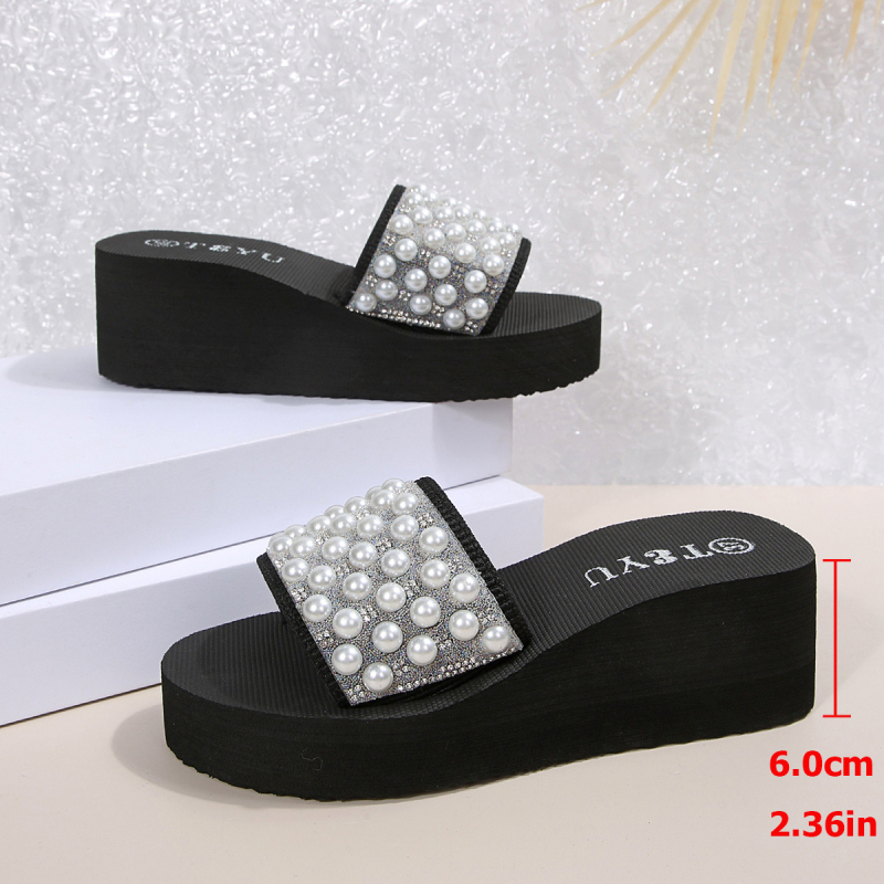 Ženske sandale za plažu s perlama, klinasti potpetice 6–8 cm, PU gornji dio, TPR đon, okrugli vrh, ljeto