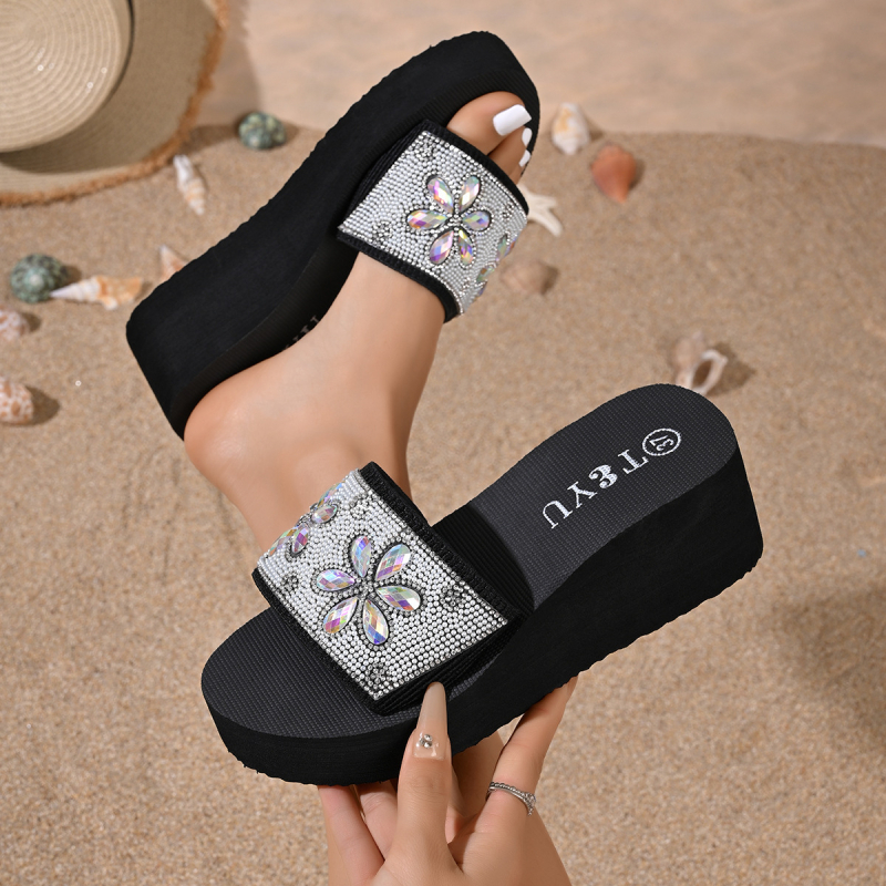 Ženske sandale za plažu s perlama, klinasti potpetice 6–8 cm, PU gornji dio, TPR đon, okrugli vrh, ljeto