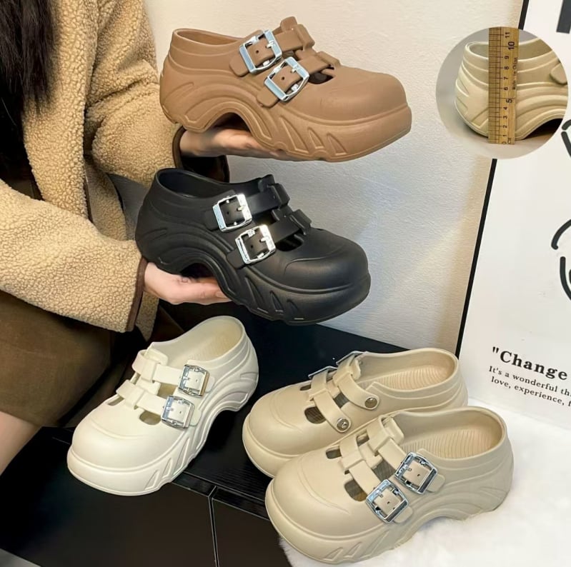 Ženske perforirane sandale s debelim EVA đonom, zatvorenim prstom, slip-on s jednom trakom, visina đona 3–8 cm