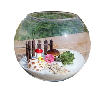 Кръгла стъклена ваза за хидропоника със сукуленти – издухано стъкло, полирана повърхност, персонализиране, печат на лого (стъкло; издухано; полирана повърхност; персонализиране; печат на лого)