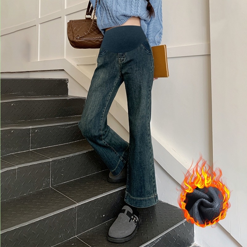 Traperice za trudnoće s fleece podstavom, zimske, podrška stomaku, ležerni kroj, duljina 9/10, denim, pamuk 50–70%, poliester <30%