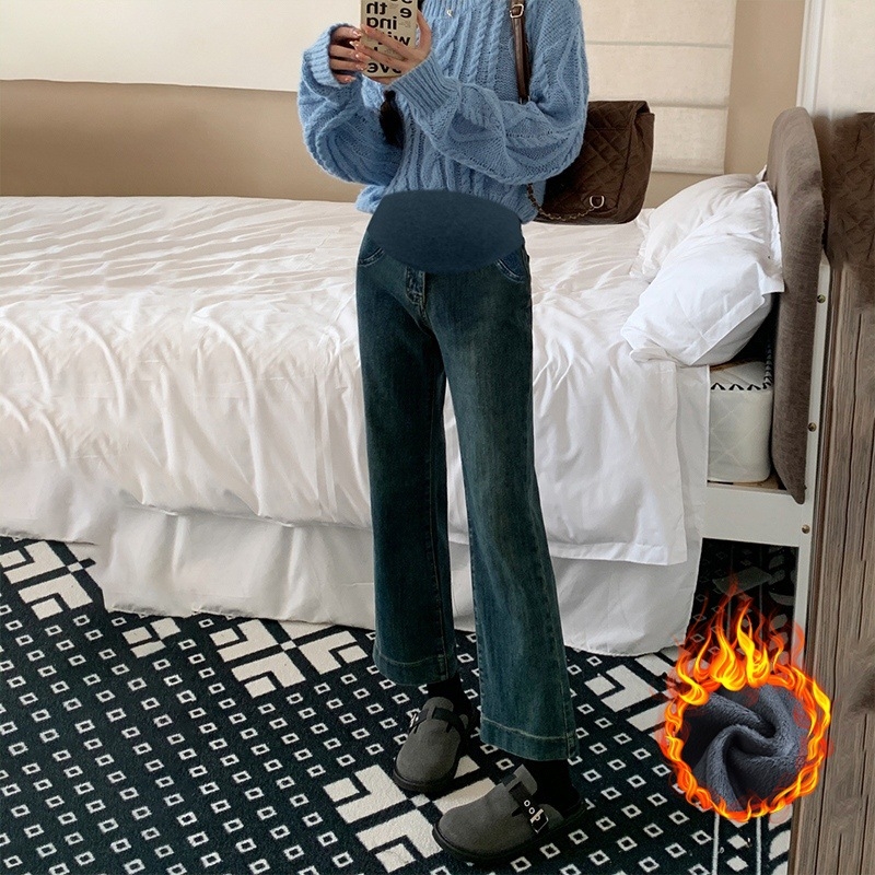 Traperice za trudnoće s fleece podstavom, zimske, podrška stomaku, ležerni kroj, duljina 9/10, denim, pamuk 50–70%, poliester <30%