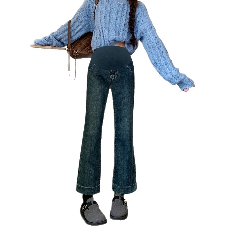 Traperice za trudnoće s fleece podstavom, zimske, podrška stomaku, ležerni kroj, duljina 9/10, denim, pamuk 50–70%, poliester <30%