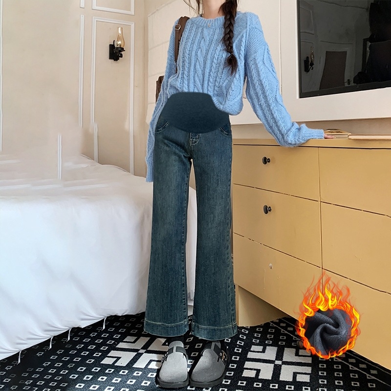 Traperice za trudnoće s fleece podstavom, zimske, podrška stomaku, ležerni kroj, duljina 9/10, denim, pamuk 50–70%, poliester <30%