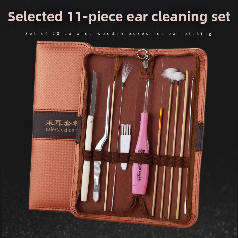 Sada nástrojov na čistenie uší – svetielkujuca lyžička na uši, nerezová oceľ + puzdro, 11-dielna sada, značka Qilizuo