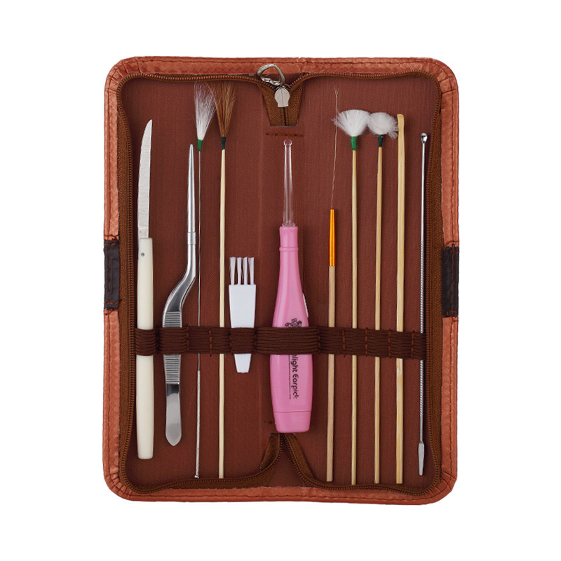 Sada nástrojov na čistenie uší – svetielkujuca lyžička na uši, nerezová oceľ + puzdro, 11-dielna sada, značka Qilizuo