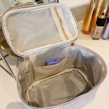 Nagy kapacitású kozmetikai táska utazáshoz, városi minimalist stílus, külső nylon, belső poliészter, egyszínű mintázat, uniszex.