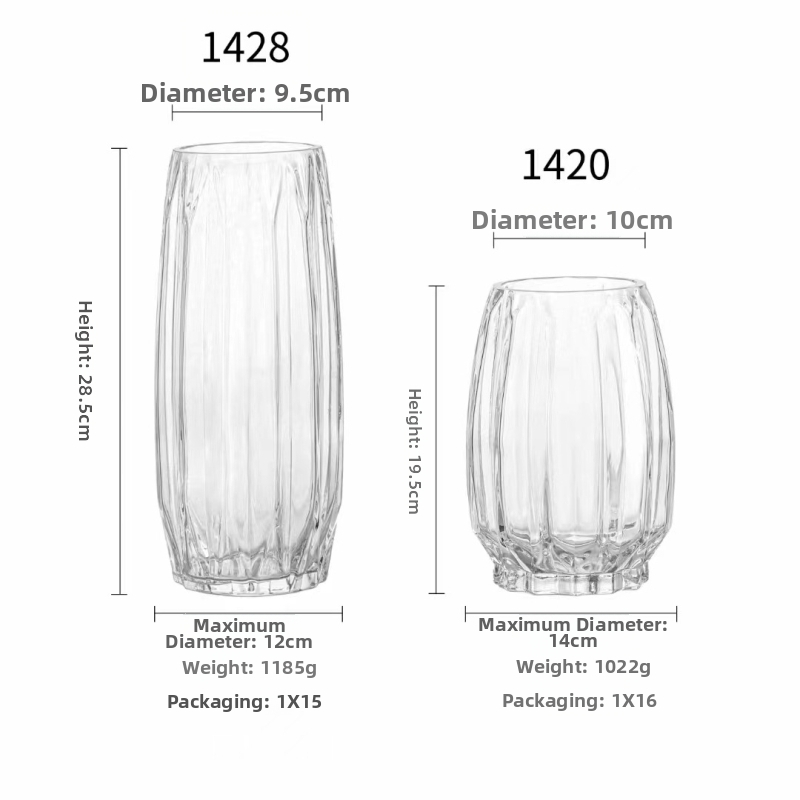 Стъклена ваза, минималистичен вертикално оребрен дизайн, прозрачна, подходяща за водни аранжировки в дневната