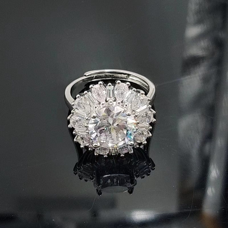 Prsten s cirkonom Kangzhina Jewelry, cvjetni dizajn, metalna osnova, četverozupna postavka, za žene