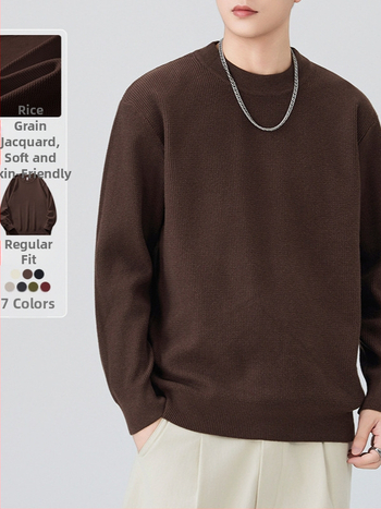 Мъжки плетен пуловер с кръгло деколте – свободна кройка, дълги ръкави, удебелен плетив, смес от памук и полиестер