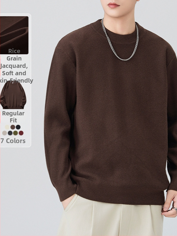 Мъжки плетен пуловер с кръгло деколте – свободна кройка, дълги ръкави, удебелен плетив, смес от памук и полиестер