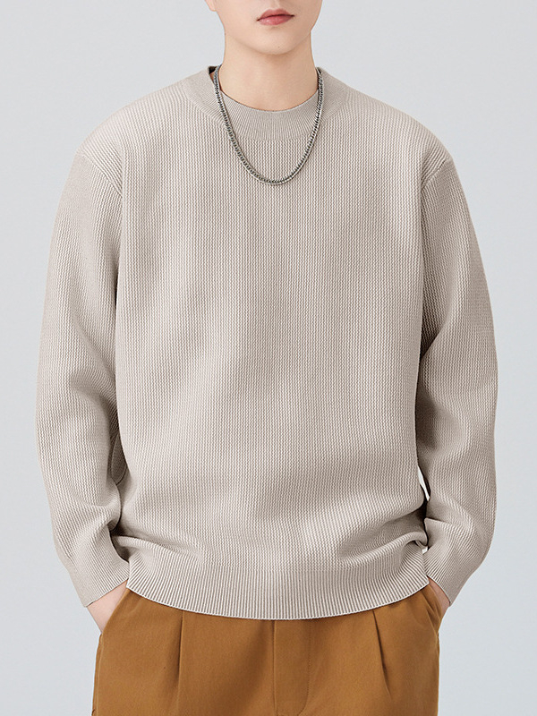 Мъжки плетен пуловер с кръгло деколте – свободна кройка, дълги ръкави, удебелен плетив, смес от памук и полиестер