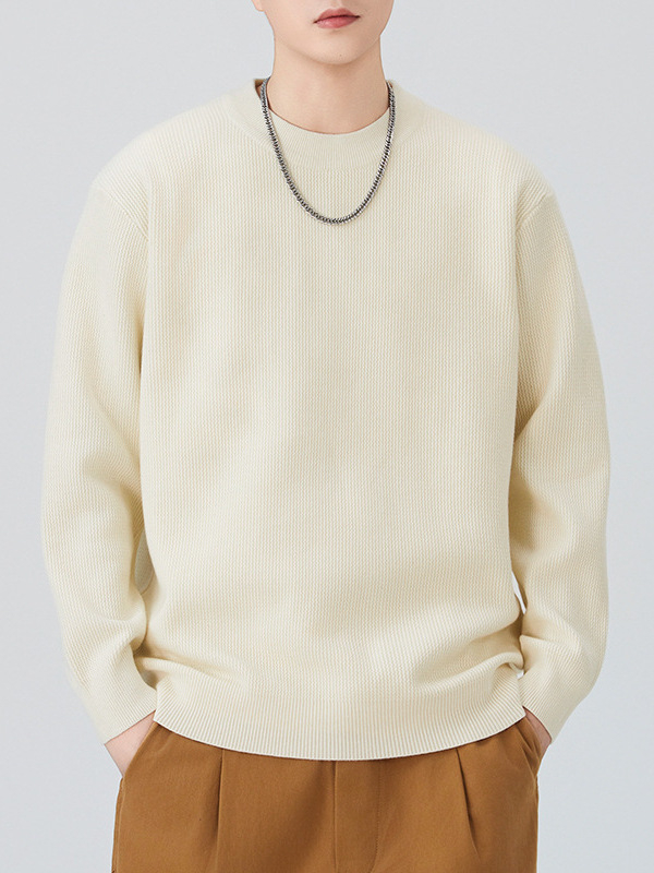 Мъжки плетен пуловер с кръгло деколте – свободна кройка, дълги ръкави, удебелен плетив, смес от памук и полиестер