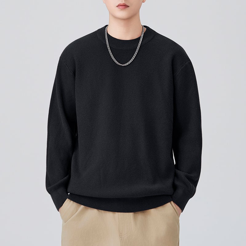 Мъжки плетен пуловер с кръгло деколте – свободна кройка, дълги ръкави, удебелен плетив, смес от памук и полиестер