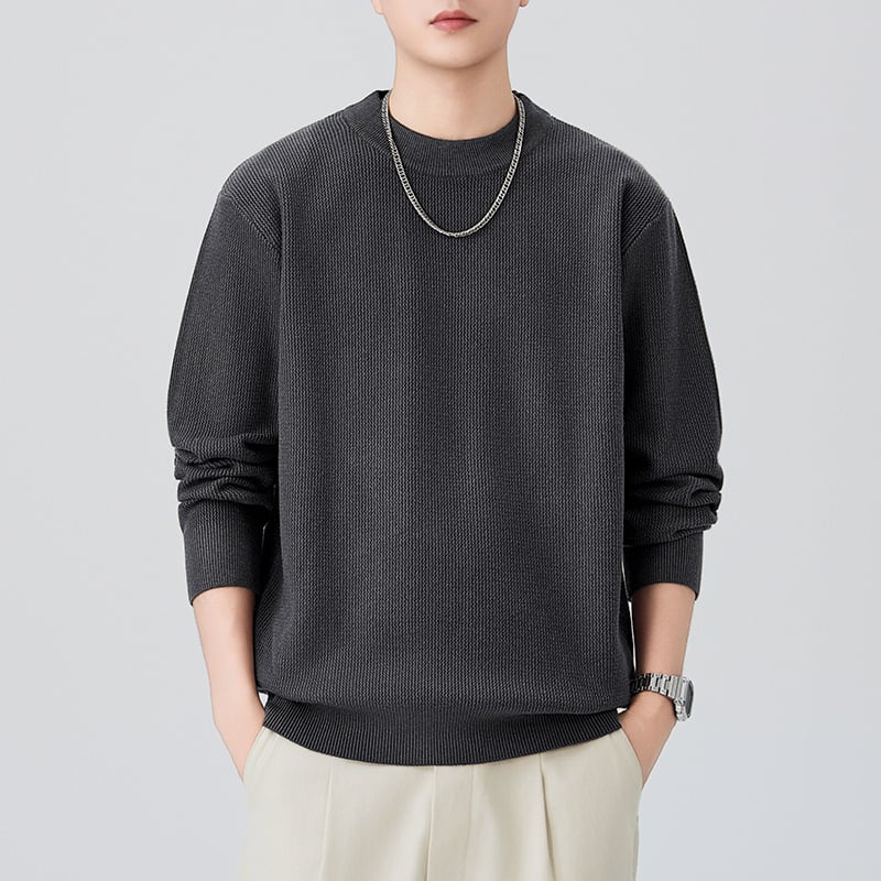 Мъжки плетен пуловер с кръгло деколте – свободна кройка, дълги ръкави, удебелен плетив, смес от памук и полиестер