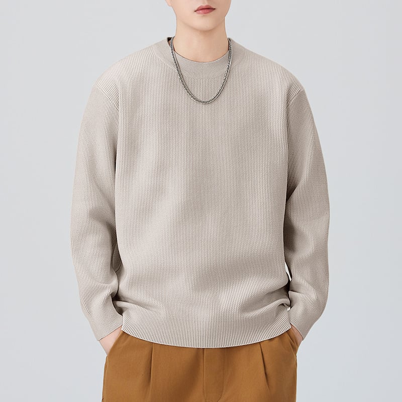 Мъжки плетен пуловер с кръгло деколте – свободна кройка, дълги ръкави, удебелен плетив, смес от памук и полиестер