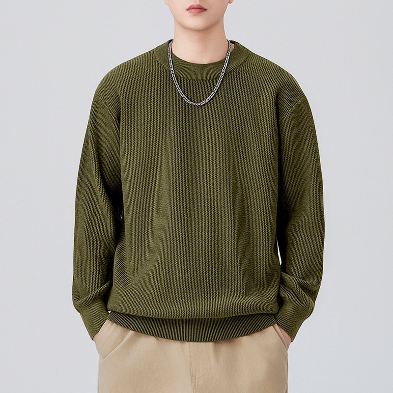 Мъжки плетен пуловер с кръгло деколте – свободна кройка, дълги ръкави, удебелен плетив, смес от памук и полиестер