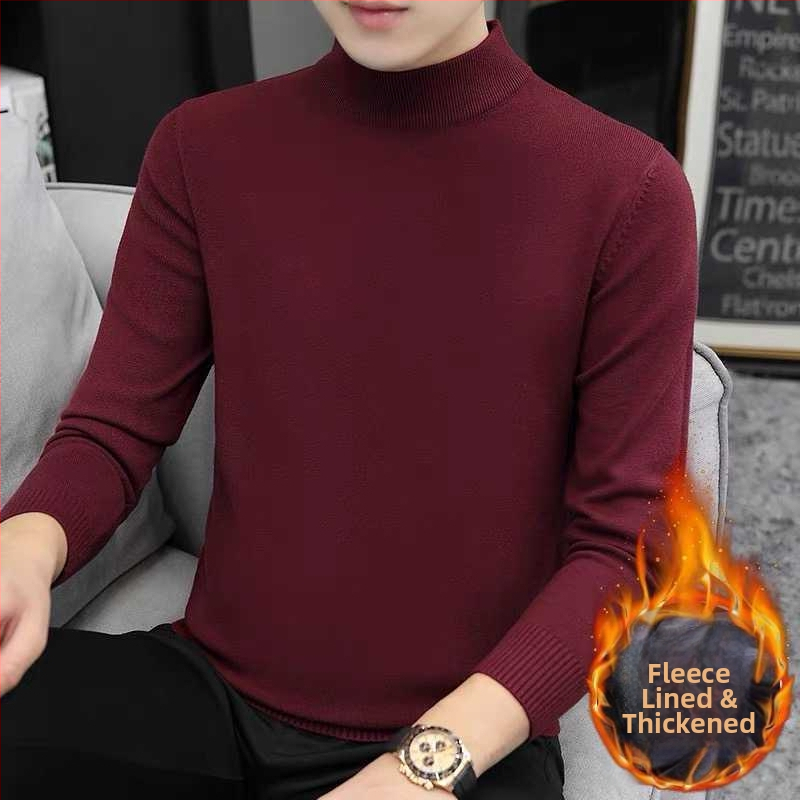 Мъжки плетен суитър с кръгла яка, флисе отвътре, свободен силует, дълги ръкави