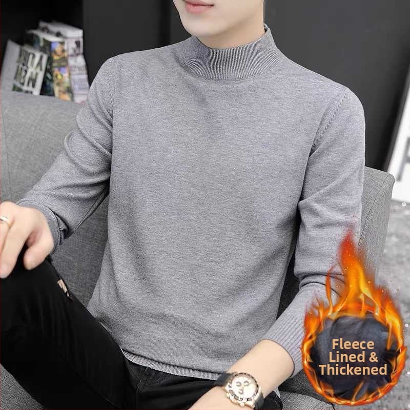 Мъжки плетен суитър с кръгла яка, флисе отвътре, свободен силует, дълги ръкави