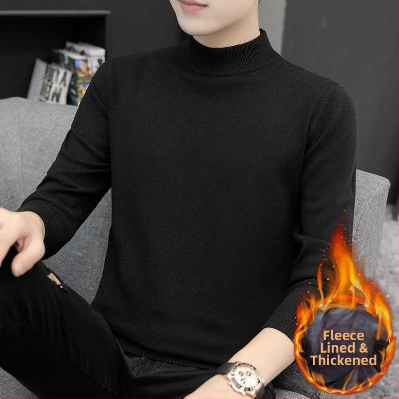 Мъжки плетен суитър с кръгла яка, флисе отвътре, свободен силует, дълги ръкави