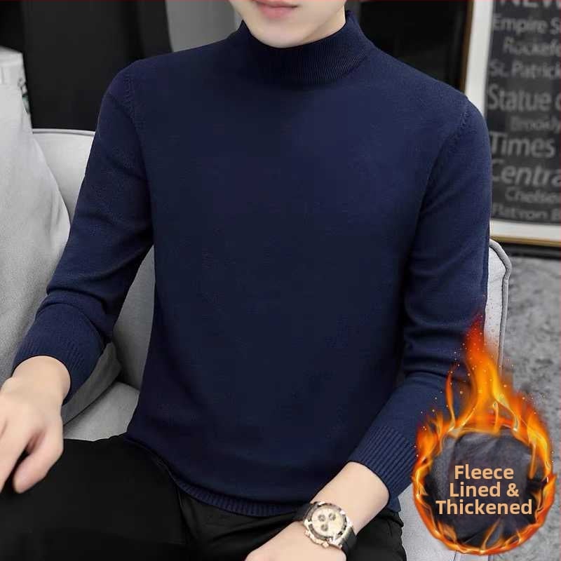 Мъжки плетен суитър с кръгла яка, флисе отвътре, свободен силует, дълги ръкави