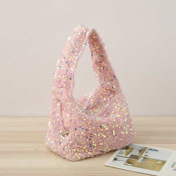 Женска чанта с пайети и презрамка от верига, вечерна чанта с хоризонтална квадратна форма, магнитно закопчаване, вътрешно отделение с цип