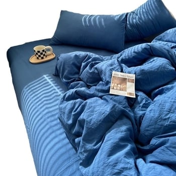 Négy darabos ágynemű szett - mosott pamut, reaktív nyomtatás és festés, egyszínű minta, mosott szövet