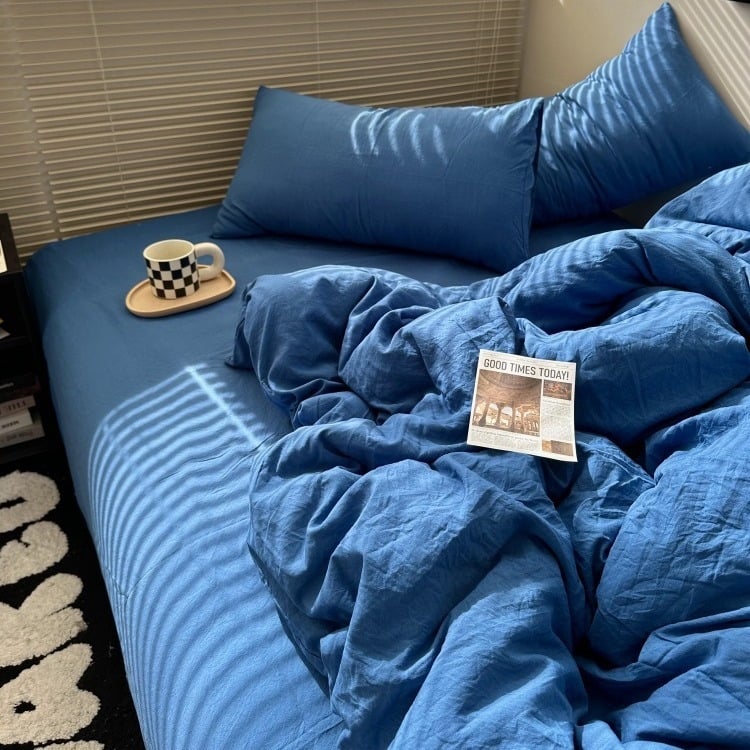 Négy darabos ágynemű szett - mosott pamut, reaktív nyomtatás és festés, egyszínű minta, mosott szövet