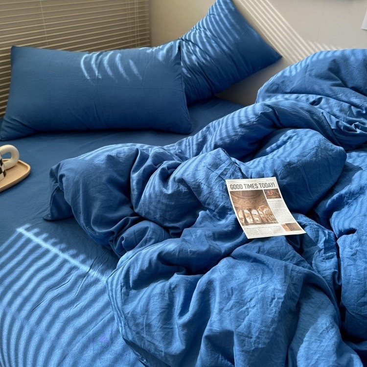 Négy darabos ágynemű szett - mosott pamut, reaktív nyomtatás és festés, egyszínű minta, mosott szövet